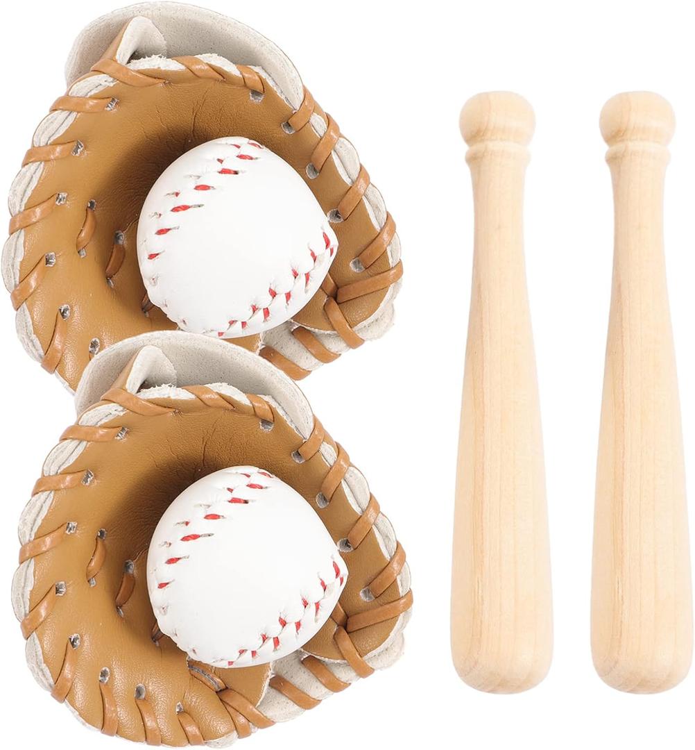 2 Sets DIY Miniature Baseball Bat Glove Ball Set, Decorative Dollhouse Accessories Photography Props (Khaki)