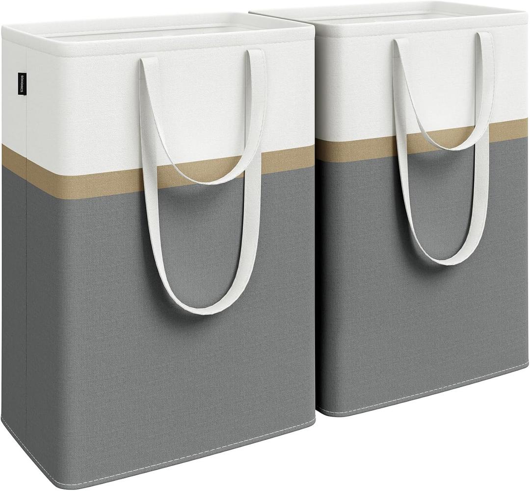 SONGMICS Set of 2 Laundry Basket, 75 L Foldable Laundry Hamper, Clothes Hamper Bag with Short and Long Handles, Easy to Transport and Clean, Freestanding, for Bedroom, Bathroom, Slate Gray ULCB208G01