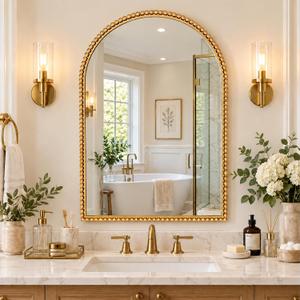 PERHOM 36"X24" Gold Arched Beaded Bathroom Mirror,Vintage Wall Decor
