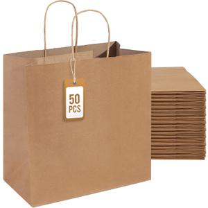 PAICUIKE 50Pcs Brown Paper Bags with Handles, Large 11x6x11 Inch Kraft Grocery Shopping & Retail Merchandise Bag, Gift Bags Bulk for Weddings, Parties, Baking