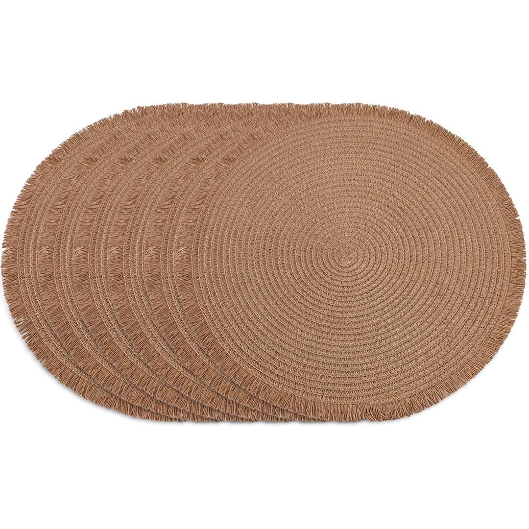 Matiquora 15 Inch Set of 6 Round Woven Placemats Braided Paper Heat Resistant Table Mats with Tassel Boho Indoor Outdoor Table Placemats for Dining Tables Tangerine Red