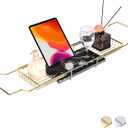 Bathtub Tray Caddy for Luxury Bath Expandable Extra Wide Bath Tub Tray with Natural Marble Tray and Mobile/Tablet Stand, Ideal for Home Spa Lovers (Gold + Black)