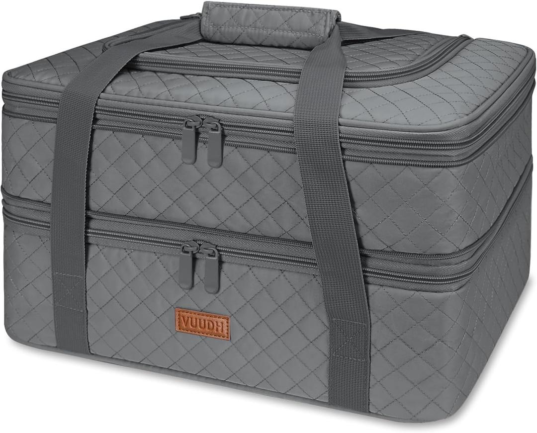 Quilted Double Decker Casserole Carrier - Expandable Dish Carrying Case for Hot or Cold Food, Lasagna Holder for Potluck Parties, Picnic, Beach, Fits 9"13" Baking Dish (Grey) (Gray)