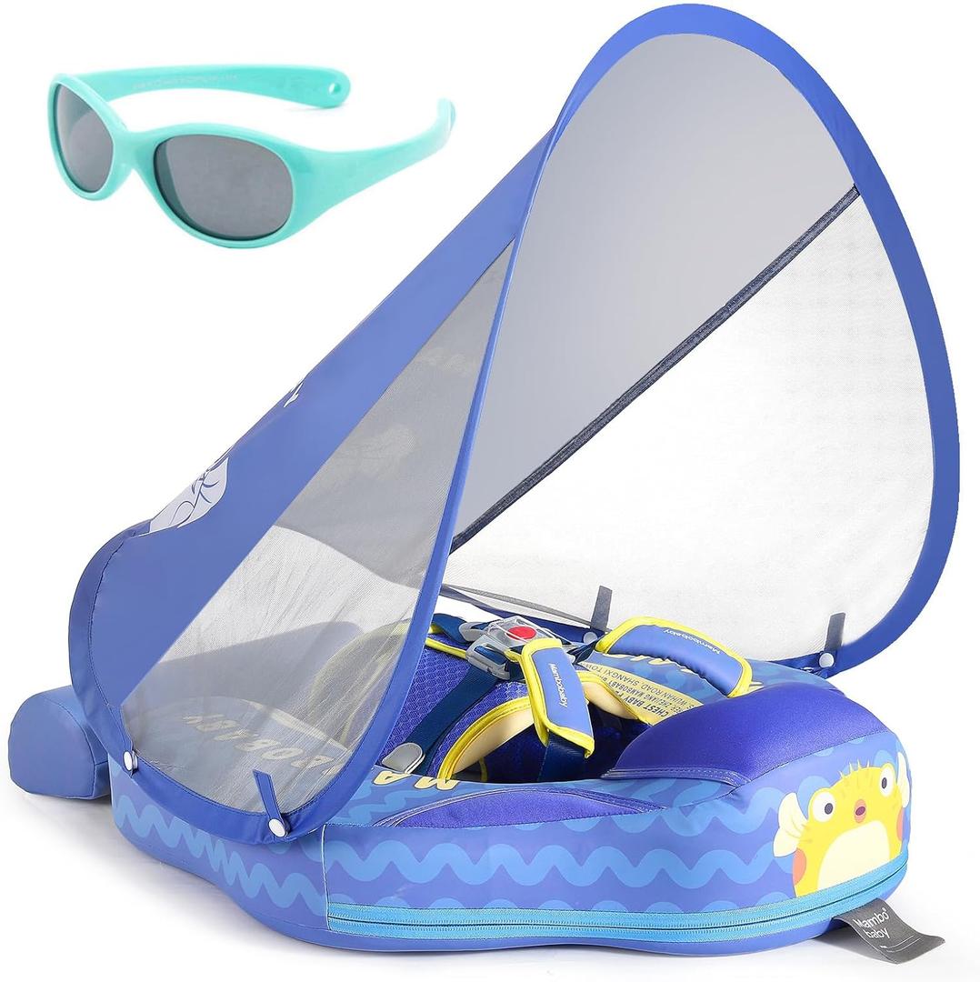Mambobaby Float with Canopy and Tail New Upgraded Non-Inflatable Baby Pool Float Mambo Float Swim Trainer Solid Infant Swim Float Adjustable Pearl Foam Baby Swim Ring (Deluxe Globefish Blue)
