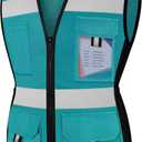 TCCFCCT Safety Vest for Women 11 Pockets Mesh Reflective Vest with Zipper, High Visibility Neon Construction Work Vest for Lady Workers/Drivers, Snug-Fit & Durable, ANSI Compliant, Malachite Blue M