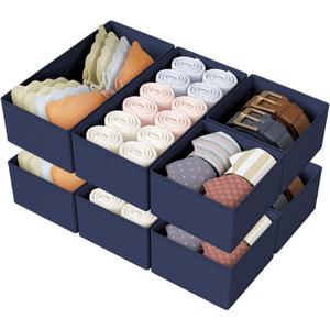 DIMJ Drawer Organizers Clothes, Set of 8 Dresser Organizer Bins, Fabric Closet Organizers and Storage, Shallow Drawer Dividers for Nursery, Clothing, Baby Clothes, Socks, Underwears, Tie (Navy Blue)