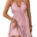 SOLY HUX Women's Summer Mini Dress Halter Backless Sleeveless A Line Ruffle Hem Flowy Cami Dresses Sundress Pure Light Pink XX-Large