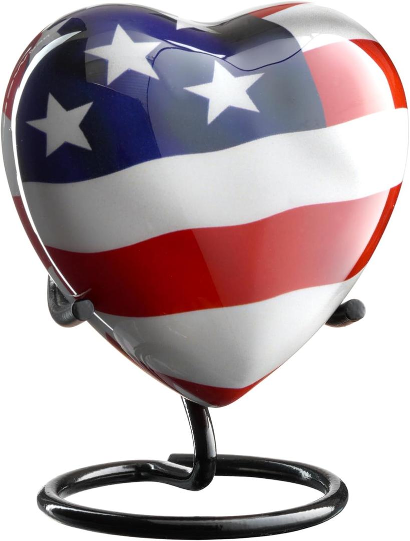 American Flag Heart Urn Keepsake - Small Heart Cremation Urn with Stand & Box - Patriotic Mini Urn for Veteran Police Army Heart Shaped Urn - Heart Urn for Adults & Infants