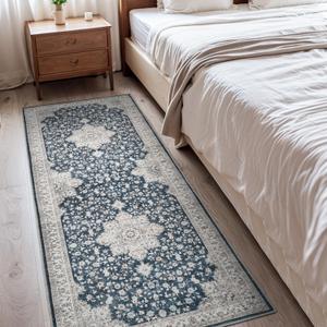 Washable Area Rug 2x6 - Runner Rug for Hallways Non Slip Low Pile Floor Hallway Runner Carpet Ultra Soft Vintage Rug for Entryway Bedroom Beside Kitchen Home Indoor Blue