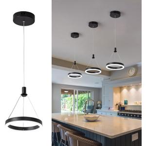 Viruhaka Dimmable LED Pendant Light Kitchen Island 15W Modern Dining Room Black Chandelier 1-Ring Pendant Lighting Bedroom Bedside 59in Cord Adjustable, 6000K Daylight