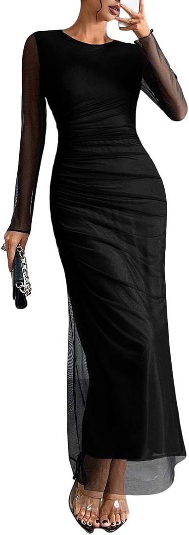 Women's Long Sleeves Maxi Bodycon Dress Tie Dye Ruched Mesh Layer Prom Formal Wedding Elegant Dresses (Black, XXL)