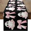 Cute Ghost Table Runners Halloween Bow Cloth for End Table, Pink Flowers Ghosts Cartoon Halloween Decor Bowknot Dresser Scarf 108"x13",Black