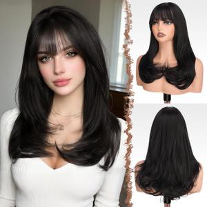 FESHFEN Long Wigs with Bangs, Synthetic Natural Looking Layered Straight Hair Wig for Women Daily Party Use 18 inch, Natural Black