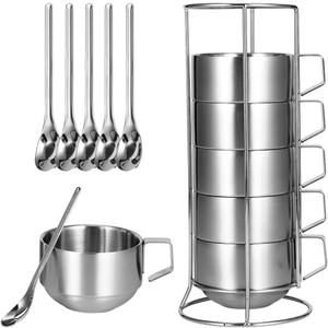 Stackable Stainless Steel Mugs, Set of 6 with Spoons & Stand, 250ml Cups for Drinks Latte Cappuccino Tea, Coffee Cup for Housewarming Birthday Gift