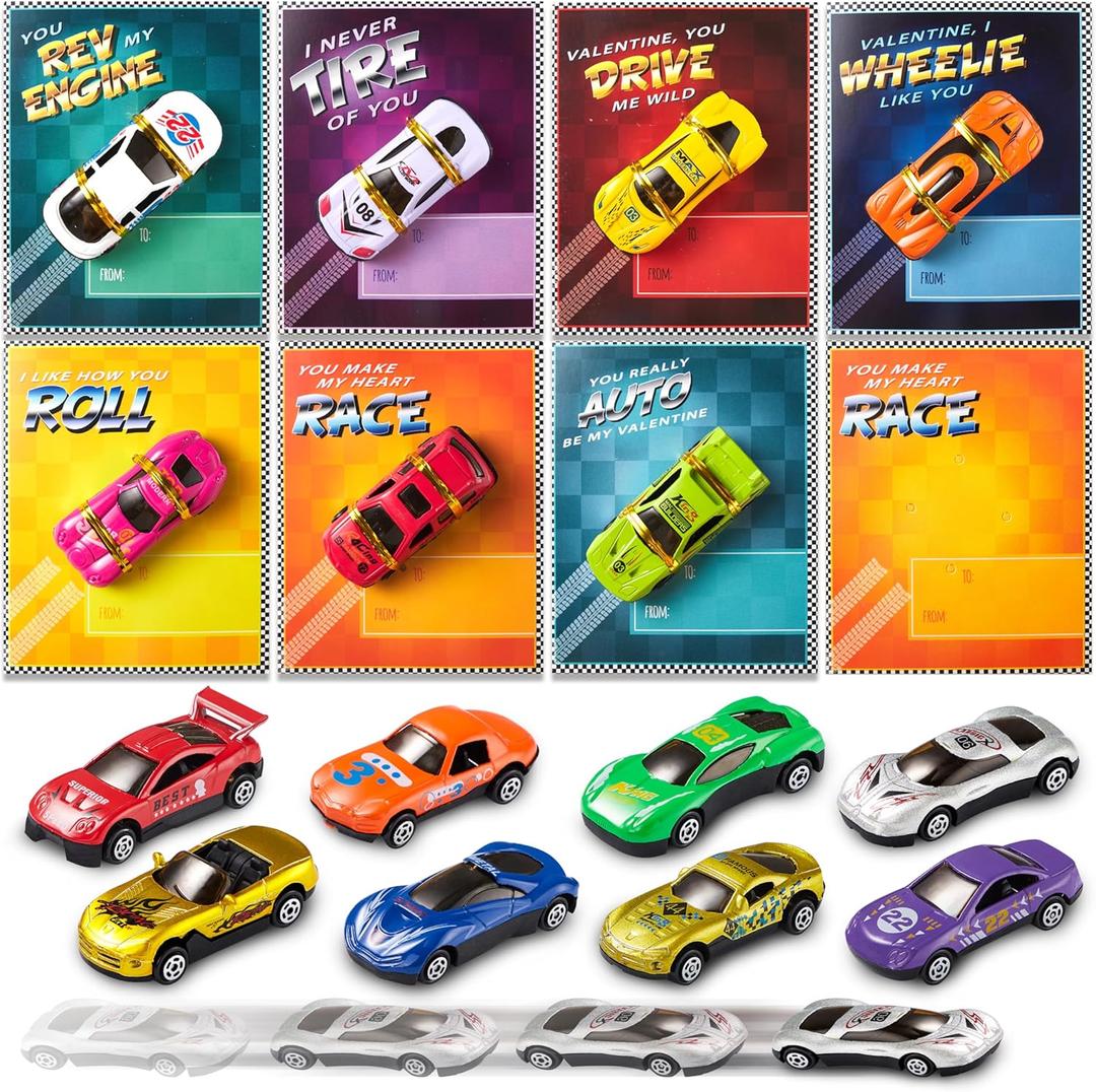 JOYIN 28-Count Valentines Day Gifts Cards, Valentine's Greeting Cards for Kids with Die-Cast Racing Cars Valentine Classroom Exchange Party Favor Toy