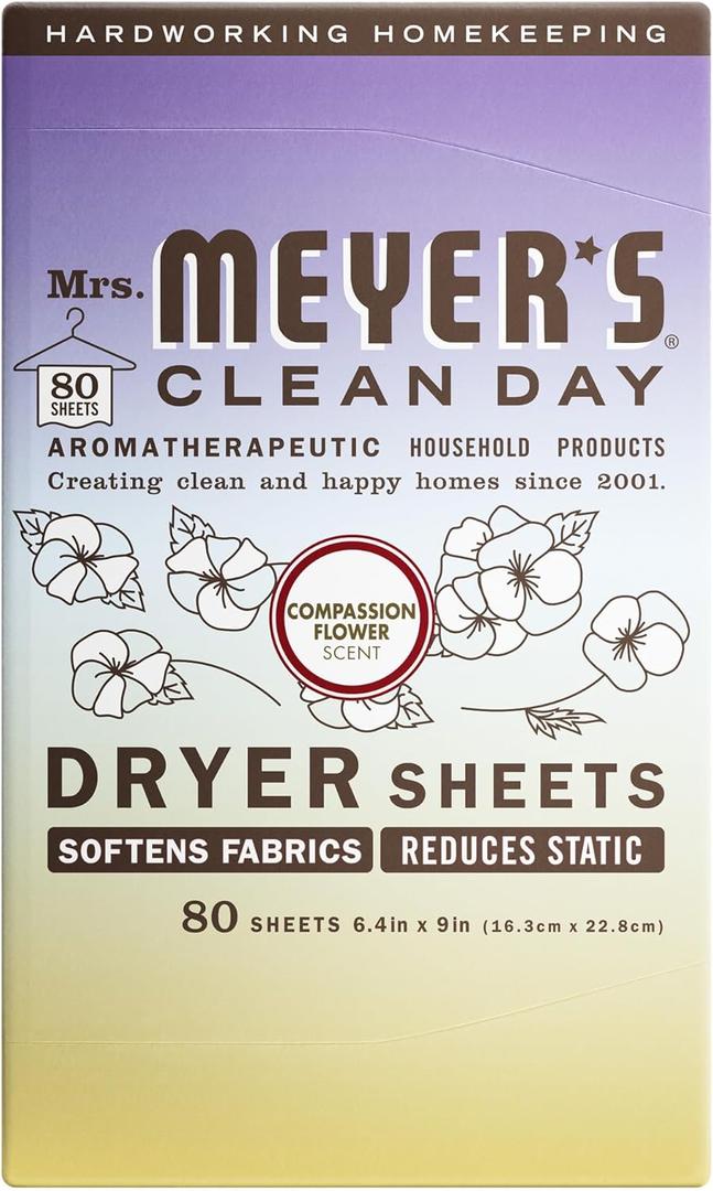 MRS. MEYER'S CLEAN DAY Dryer Sheets, Fabric Softener, Reduces Static, Infused with Essential Oils, Compassion Flower, 80 Count