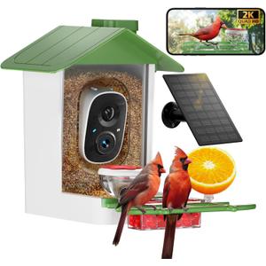 Bird Feeder with Camera 2K HD AI Smart Identify BirdSpecies Solar Panel Outdoors Birdhouse with Cam, Instant Arrival Alerts, Capture BirdVideo, Gifts for Mom Dad (Green)