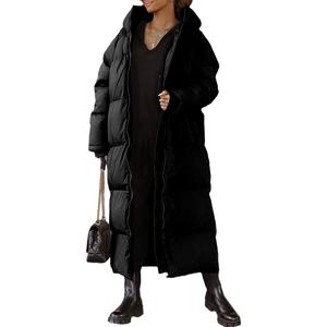 Shanfetl Women Long Quilted Coat Hooded Maxi Length Long Sleeve Puffer Jacket Padded Coat Winter Outerwear Black, X-Large