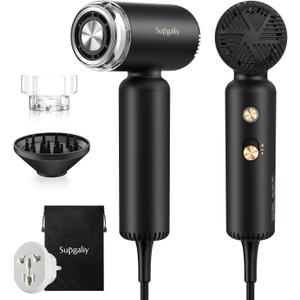 Dual Voltage Travel Hair Dryer, 1500W High-Speed Ionic Hair Dryers with Magnetic Curly Diffuser, Fast Drying, Lightweight Compact Portable Blow Dryer, No Heat Damage Gift Women, Quiet, European 110-240V (Black)