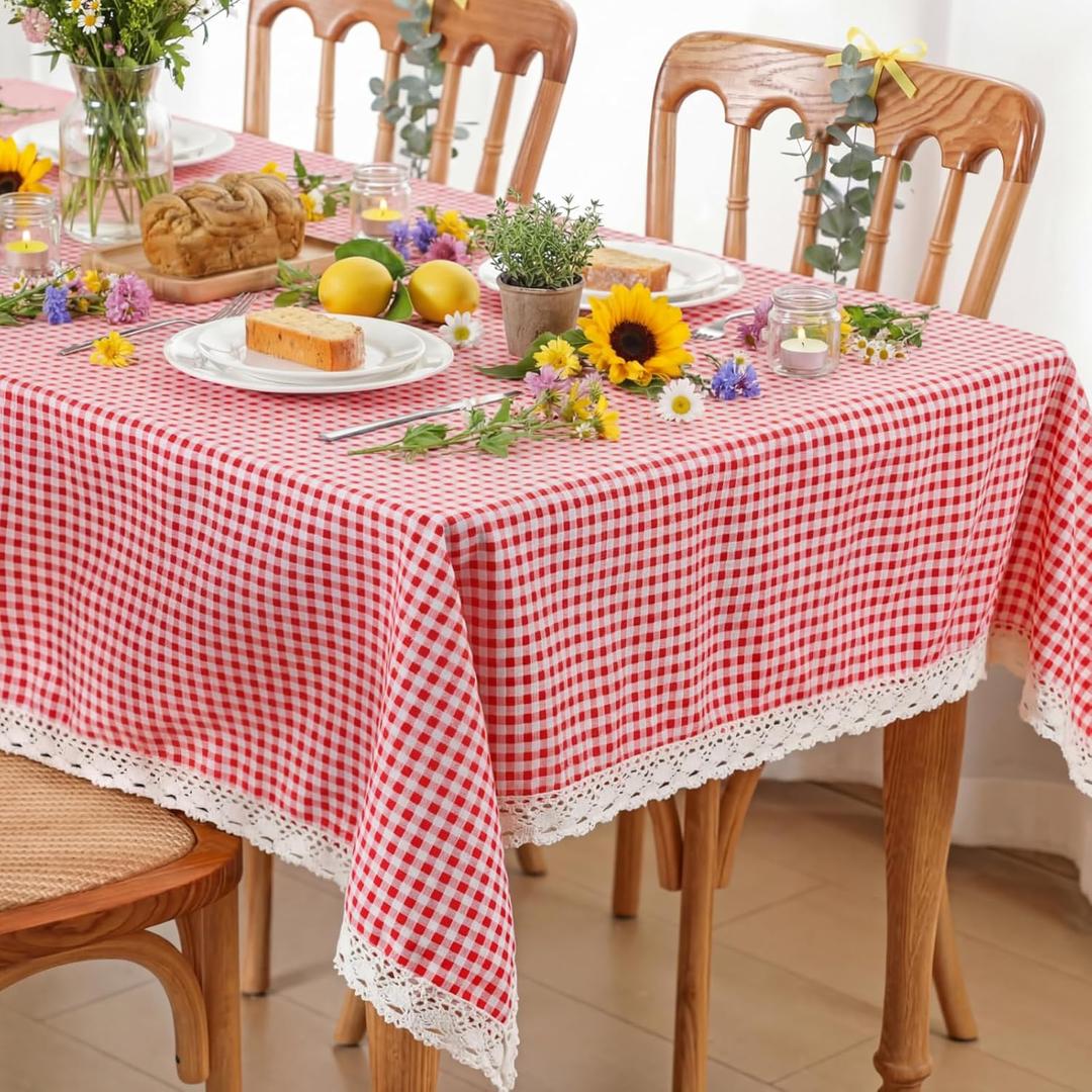 Moukeren Red and White Gingham Tablecloth with Lace Trim Plaid Tablecloth Checkered Table Cloth 52x70inch Rectangular Washable Farmhouse Table Decorations for Kitchen Dining