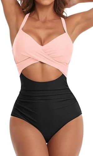 Eomenie Women's One Piece Swimsuits Tummy Control Cutout High Waisted Bathing Suit Wrap Tie Back 1 Piece Swimsuit L