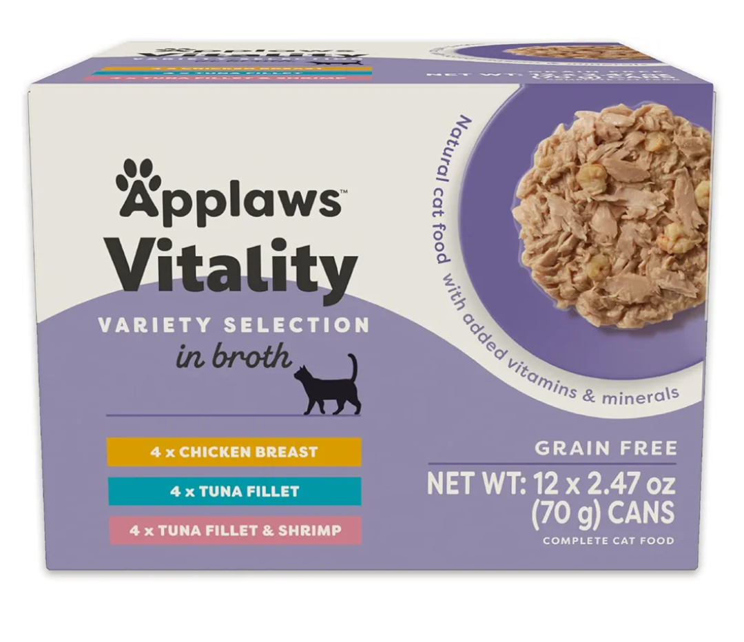 Applaws Vitality Wet Cat Food in Broth, Natural Cat Food with Added Vitamins & Minerals, Grain-Free, Carrageenan Free, Variety Selection in Broth (12 Count, 2.47 oz Cans)