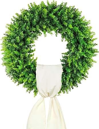 20'' Boxwood Wreaths Front Door Artificial Spring Wreath. Wreaths for Front Door Farmhouse Wedding Green Year Round Indoor Outdoor for Summer Wreath St Patricks Day Decorations -(Hello Sign)