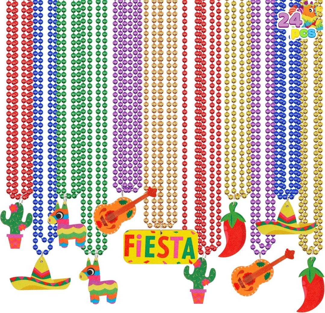 JOYIN 24 PCS Cinco de Mayo Necklaces Bead, Fiesta Beaded Necklace for Mexican Themed Bachelorette Party Favors, Taco Tuesday, Dia De Muertos Festivals, Photo Props Carnivals Event Decorations