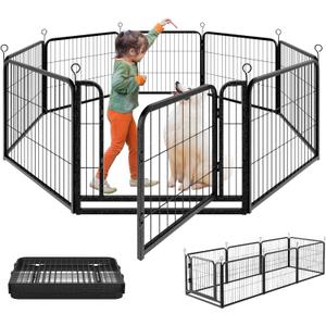 Puppy Playpen 8 Panels Small Dog Fence Outdoor Indoor Use 24" Height Anti-Rust with Doors Portable Dog Play Pen for RV Camping Yard, Total 17FT, 25 Sq.ft, Snowy Black