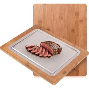 Pure Titanium Cutting Boards for Kitchen with Moso Bamboo Knife Friendly, 3x Faster Thawing Tray, Microplastic-Free Double Sided Cutting Board (16")