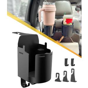 Headrest Cup Holder for Back Seat, Stable Spill-Resistant Drink Holder with Hooks for Bags, Fits 50oz Bottles, Compatible with Sedans, SUVs, and Trucks 2 Pack (Deep Black)