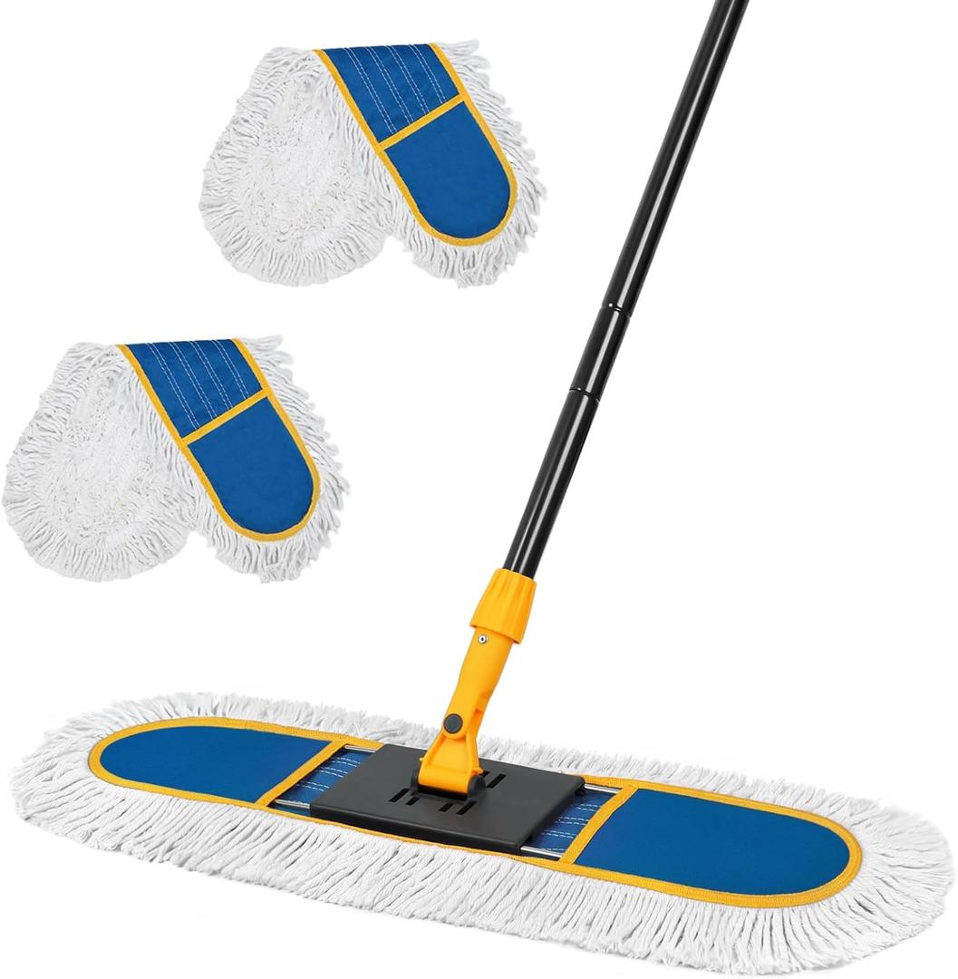 24" Dust Mop for Floor Cleaning, Large Areas Dry & Wet Mop with 2 Washable Cotton Pads, Efficiently Picks Up Pet Hair & Dust for Hardwood, Tile, Laminate, Patio