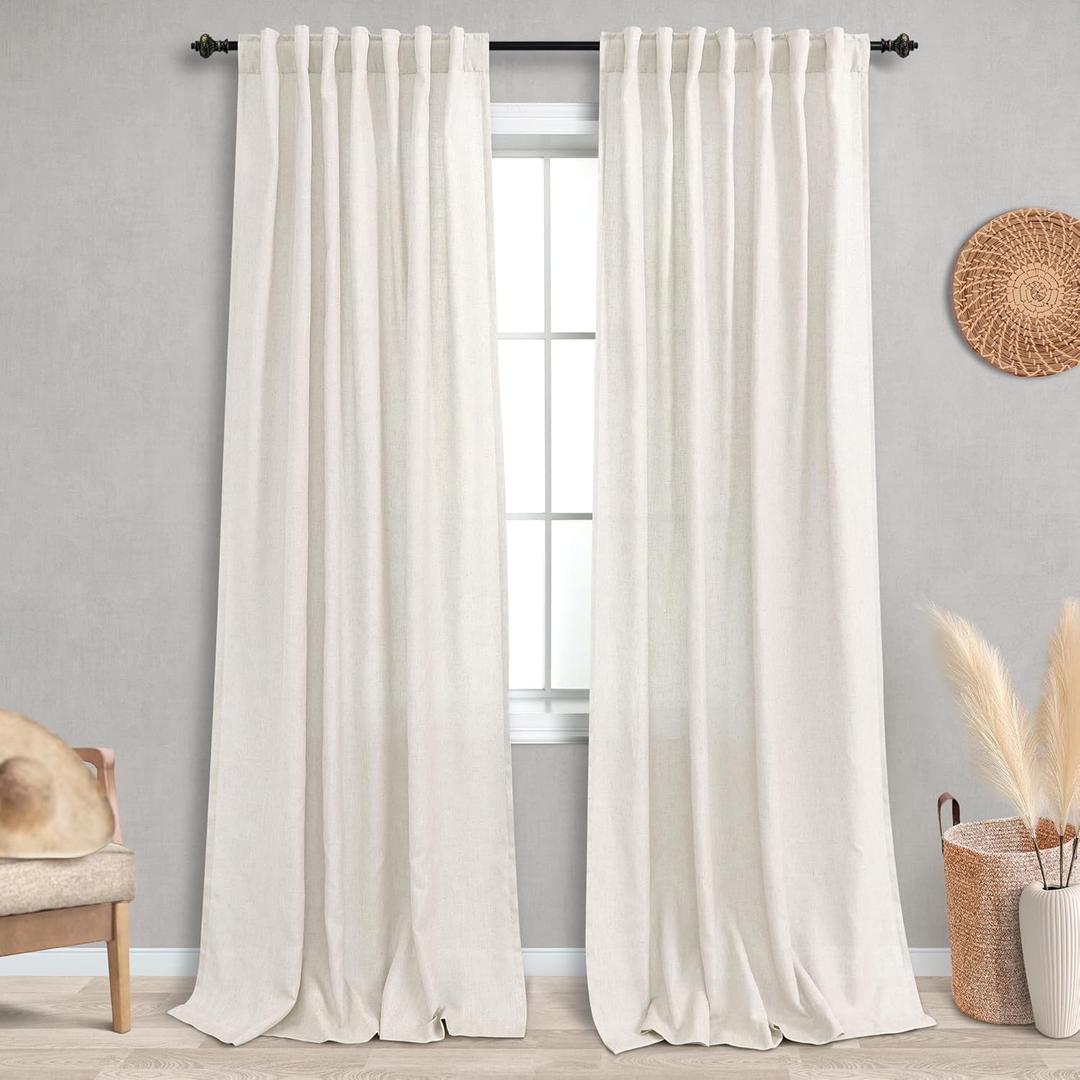 KOUFALL 92 Inch Curtains for Living Room 2 Panels Set,Light Filtering Farmhouse Boho Linen Semi Sheer Curtain Drapes 92 Inches Long for Bedroom,Cream Ivory (Natural)