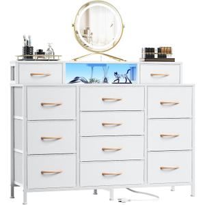 Furnulem White Dresser for Bedroom with LED Lights & Charging Station,47" Long Chests with 12 Fabric Storage Drawers,Wide Vanity Dressers Furniture for Closet,Entryway,2 Shelves Wood Top,Metal Frame