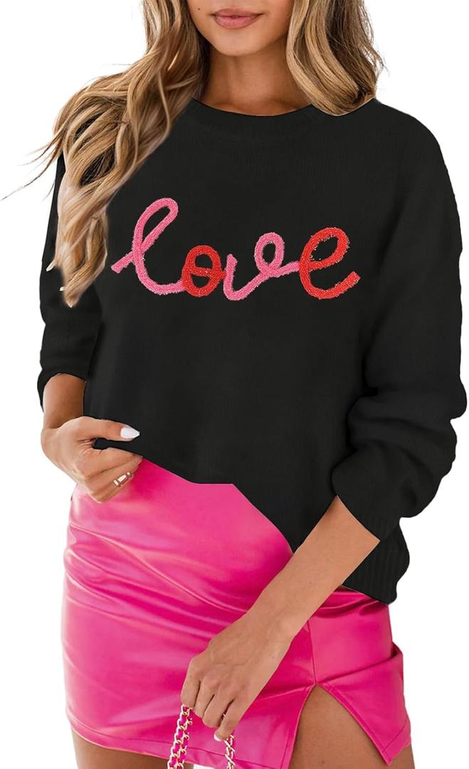MARZXIN Women 2026 Casual Holiday Love Sweaters Round Neck XOXO Sweater St Patrick Tops Merry Christmas Heart Sweatshirt (Black, S)