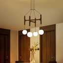 Vintage Milk Glass Pendant Light, Mid Century Wood Chandelier with Rustic Farmhouse Design, 4-Light Hanging Fixture for Kitchen Island, Dining Room, Bedroom Stairwell