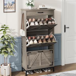 Shoe Cabinet Storage 3 Flip Drawers & Top Slide Drawers for Entryway, Freestanding Slim Shoe Storage Cabinet, Farmhouse Narrow Shoe Organizer Rack Cabinet, Grey