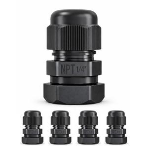 MGI SpeedWare 1/4" NPT Strain Relief Nylon Cord Grip Cable Glands, Black Plastic Grommet 5-Pack