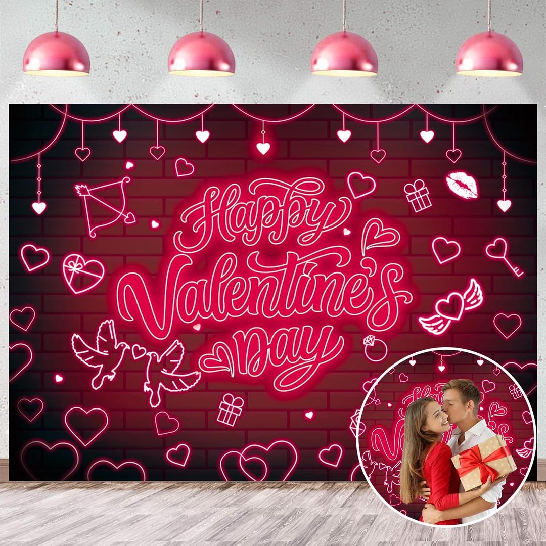 Happy Valentine's Day Backdrop Red Glitter Heart Neon Photography Background Valentines Day Party Decorations Supplies