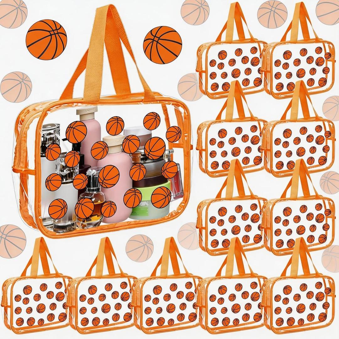 Kacctyen 12 Pcs Basketball Large Clear Toiletry Cosmetic Makeup Bag with Zipper and Handle Cheer Snack Bag Bulk for Team 12 x 9 x 4 Gift Bags Tote Pouch Cheerleading Teammates Party Supplies(Orange)