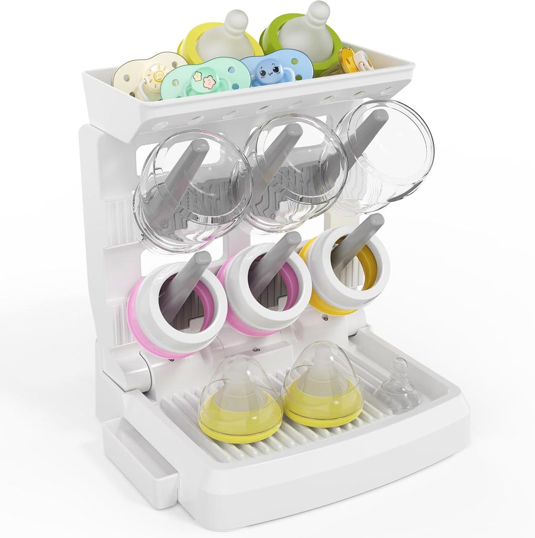 Baby Bottle Drying Rack for 6 Bottles, Vertical Cup Drying Holder, Space Saving Countertop Standing Bottle Dryer Rack for Baby Accessories & Pump Parts (Small White&Grey)