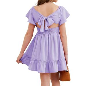 DOKOTOO KIDS Girls Elegant Ruffle Short Sleeve Back Tie Dresses 6-13 Years Old (Purple, XXL)