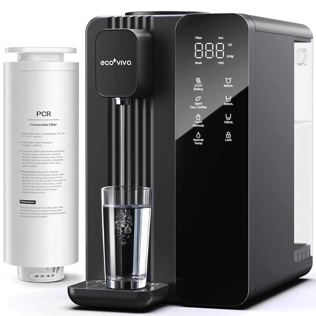 Ecoviva MATE4 Countertop Reverse Osmosis Water Filter System, BPA Free, 7-Stage Filter with UV, 3:1 Pure to Drain, 4 Temp Settings, No Installation for Home, Meet NSF/ANSI 58 Standard by SGS (Black)