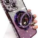 Changjia Magnetic Kickstand Glitter Case for iPhone 15,[Compatible with Magsafe] Luxury Bling Sparkly Rhinestones Diamond with Camera Protector Makeup Mirror Women Girls Case for iPhone 15 6.1",Purple