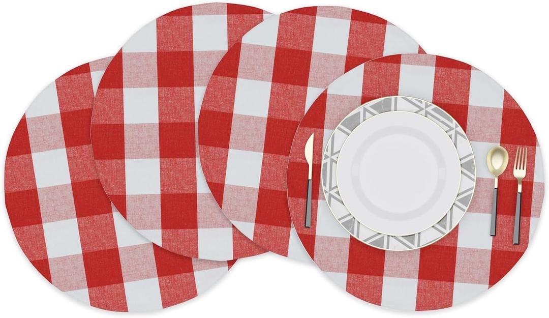 Red & White Round Placemat Buffalo Check Plaid Gingham 15 Inch eco-Friendly Fabric Handcrafted Machine Washable Indoor & Outdoor Tablemat Set of 4