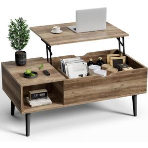 Multi-Function Lift Top Coffee Table, Wooden Lift Tabletop Dining Table for Living Room with Storage Shelf and Hidden Compartment, Grey