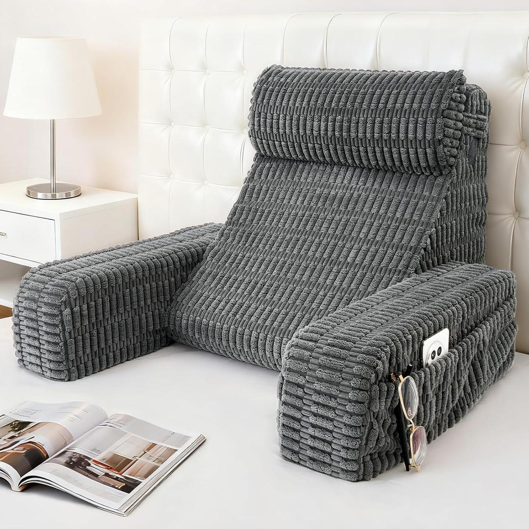 19" Reading Pillow for Bed with Built-in Arms & Large Pockets, Supportive Backrest Cushion for Reading, Resting, or Reclining, Washable Cover  Grey (Medium(5'1"-5'10"))