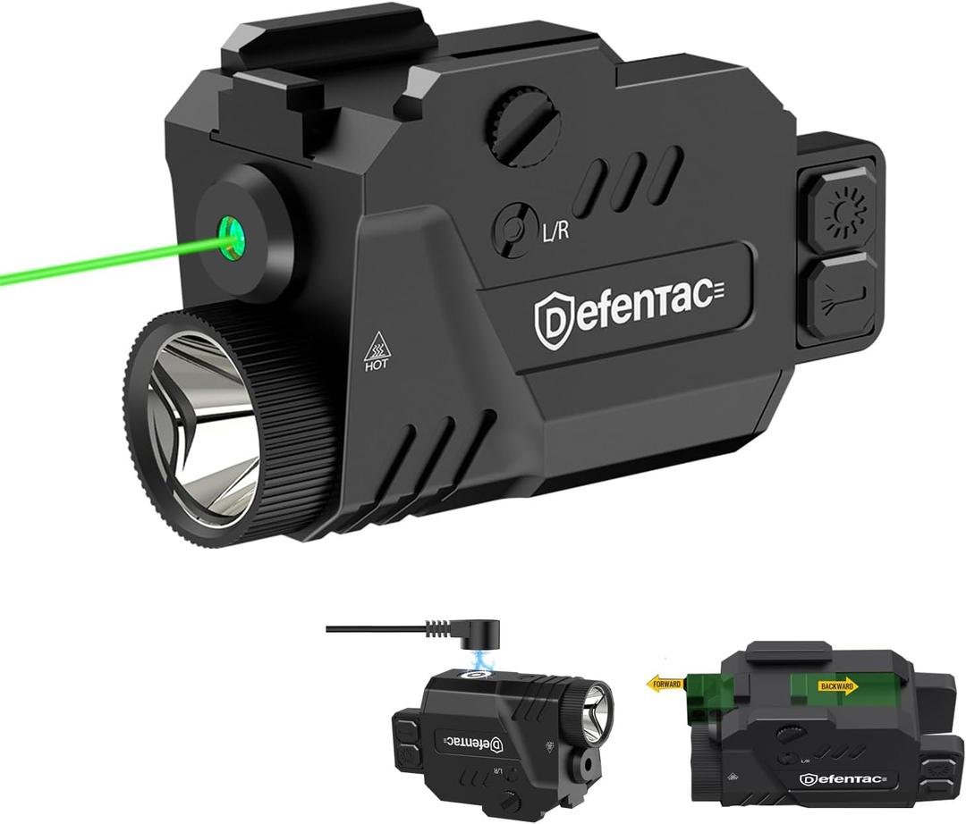 DEFENTAC Pistol Laser Light Combo 800 Lumens, Strobe Tactical Flashlight with Green Beams for Guns W/a Rail, Magnetic Rechargeable