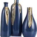 Blue and Gold Vase Set of 3, Modern Ceramic Decorative Vases for Living Room, Bedroom, Art Decor, Mantle, Home Event Decor, Office Decorative, Weddings, Rustic & Farmhouse (Blue Gold)