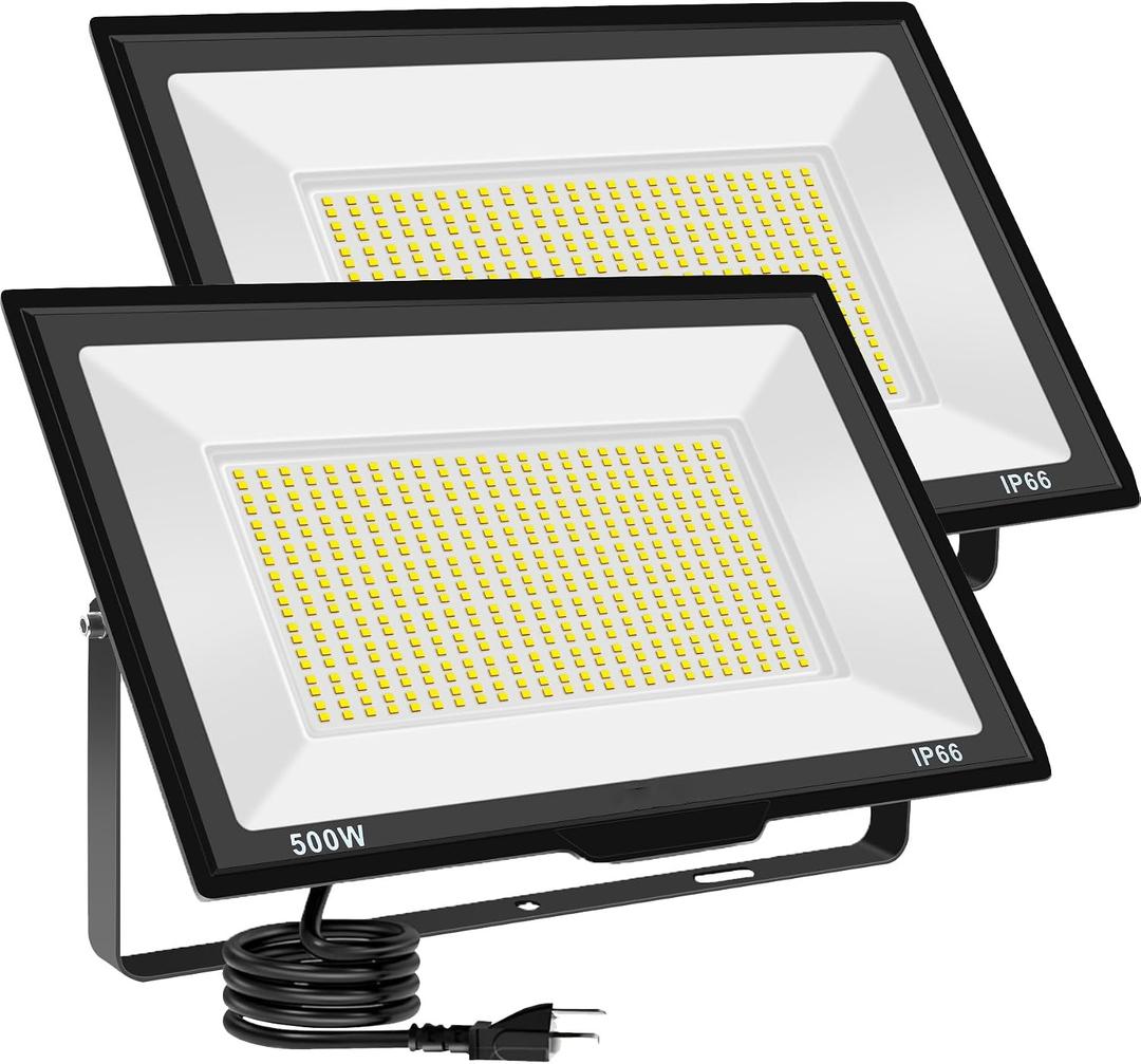 Gopretty 500W Warm White LED Flood Lights Outdoor 2 Pack, 55000LM Super Bright Security Lights with Plug, Commercial Arena Lighting for Yard Court Stadium Fields